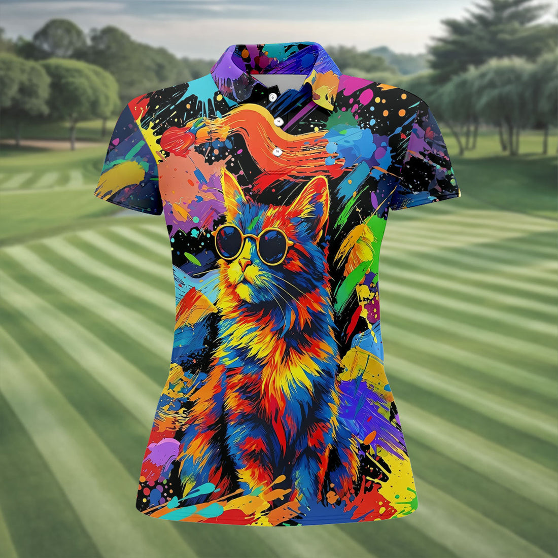 Colorful Cat Wearing Sunglasses Art Golf Shirt, Women's Golf Shirt, Hawaiian Golf Shirt