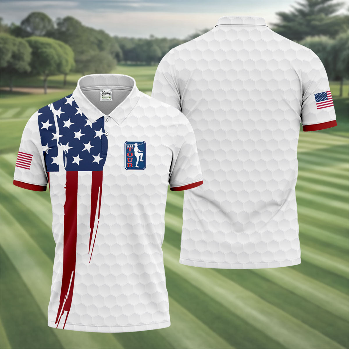 Golf Ball Pattern WTF Tour US Flag 4th Of July Patriotic Golf Shirt, 250th Anniversary Polo ShirtFor Men