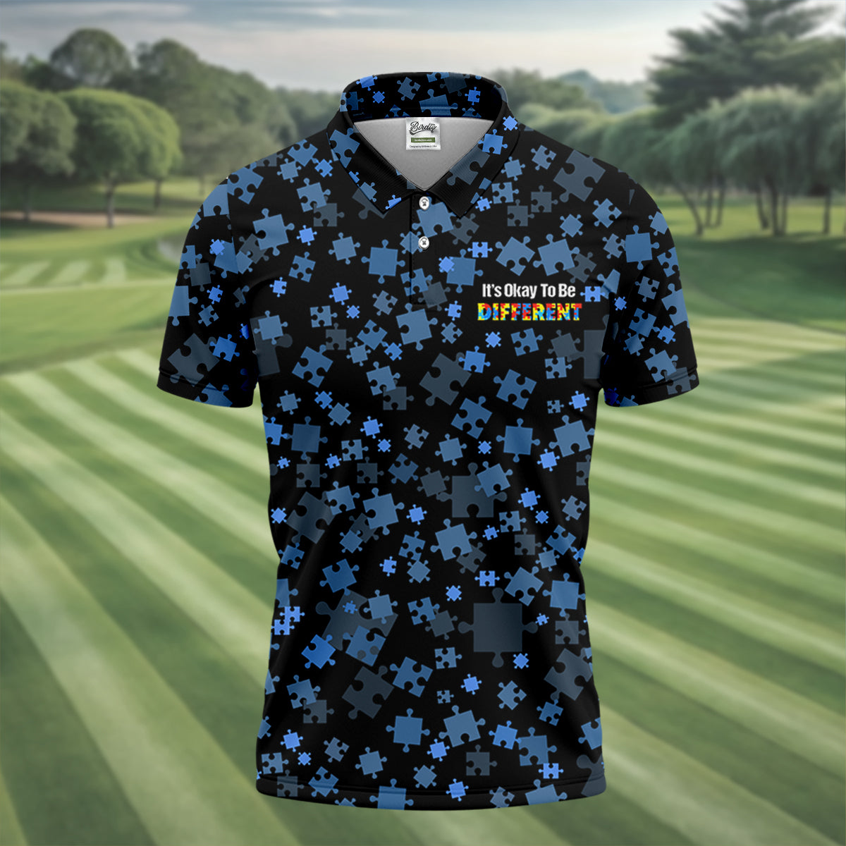It's Okay To Be Different Autism Awareness Black And Blue Puzzle Pattern Golf Tops For Men, Polo ShirtFor Men