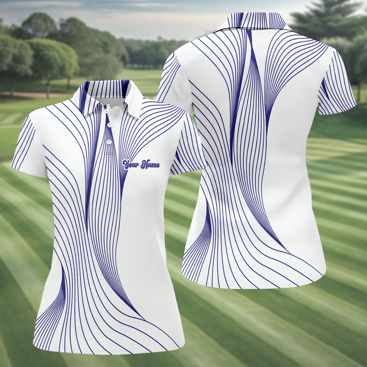 Geometric Line Wavy Line Purple And White Custom Name Women's Golf Tops, Ladies Golf Shirts, Women's Polo Shirt