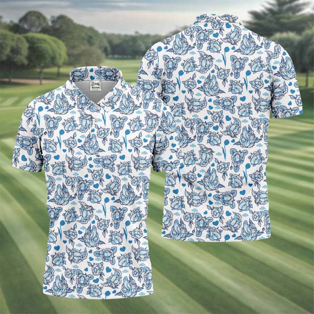 Blue Rose Floral Heart Pattern Golf Shirt, Polo Shirts For Men, Printed Golf Shirts