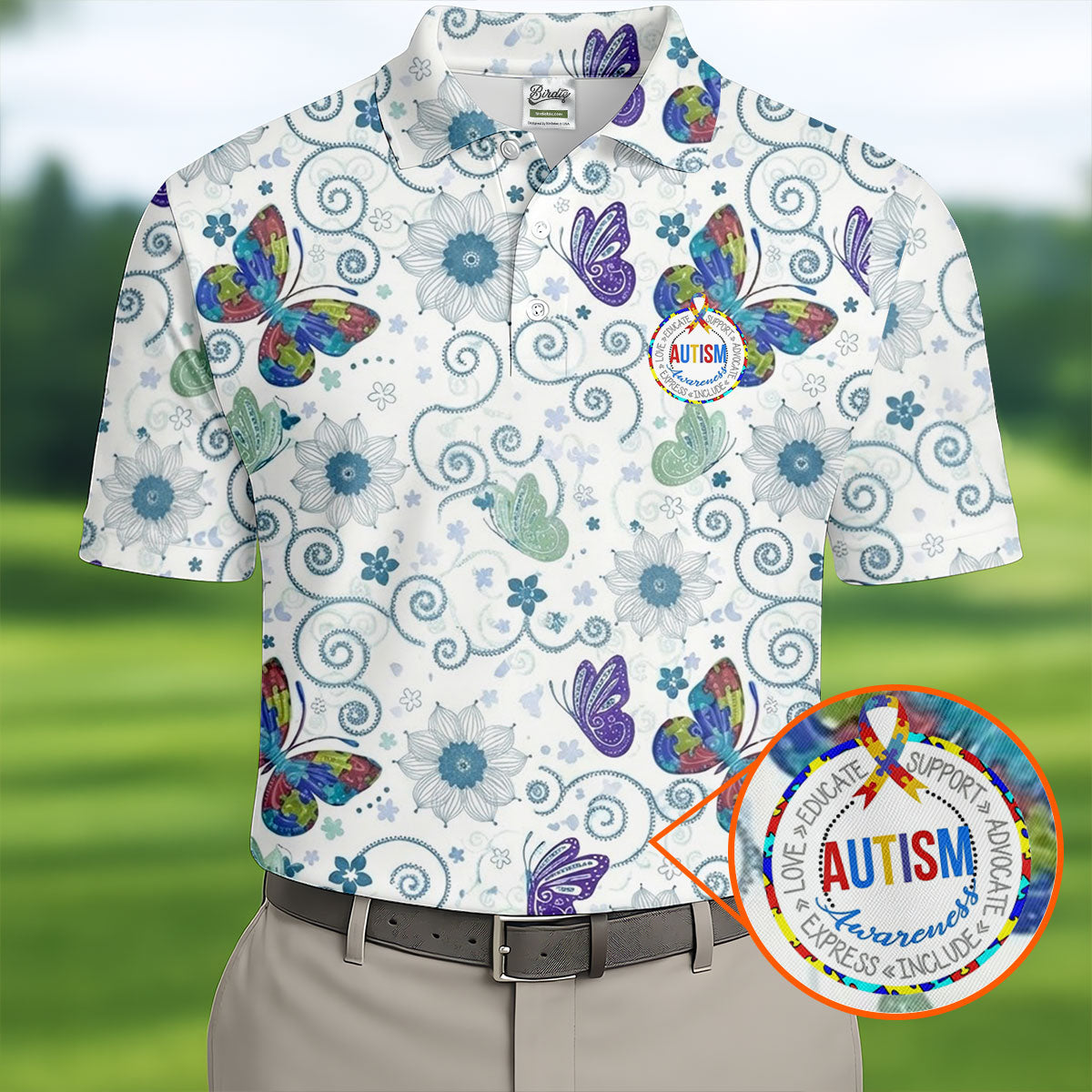 Autism Awareness Flower And Butterfly Puzzle Ribbon Men's Golf Shirt, Polo ShirtFor Men