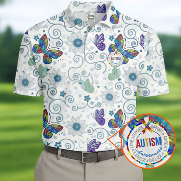 Autism Awareness Flower And Butterfly Puzzle Ribbon Men's Golf Shirt, Polo ShirtFor Men