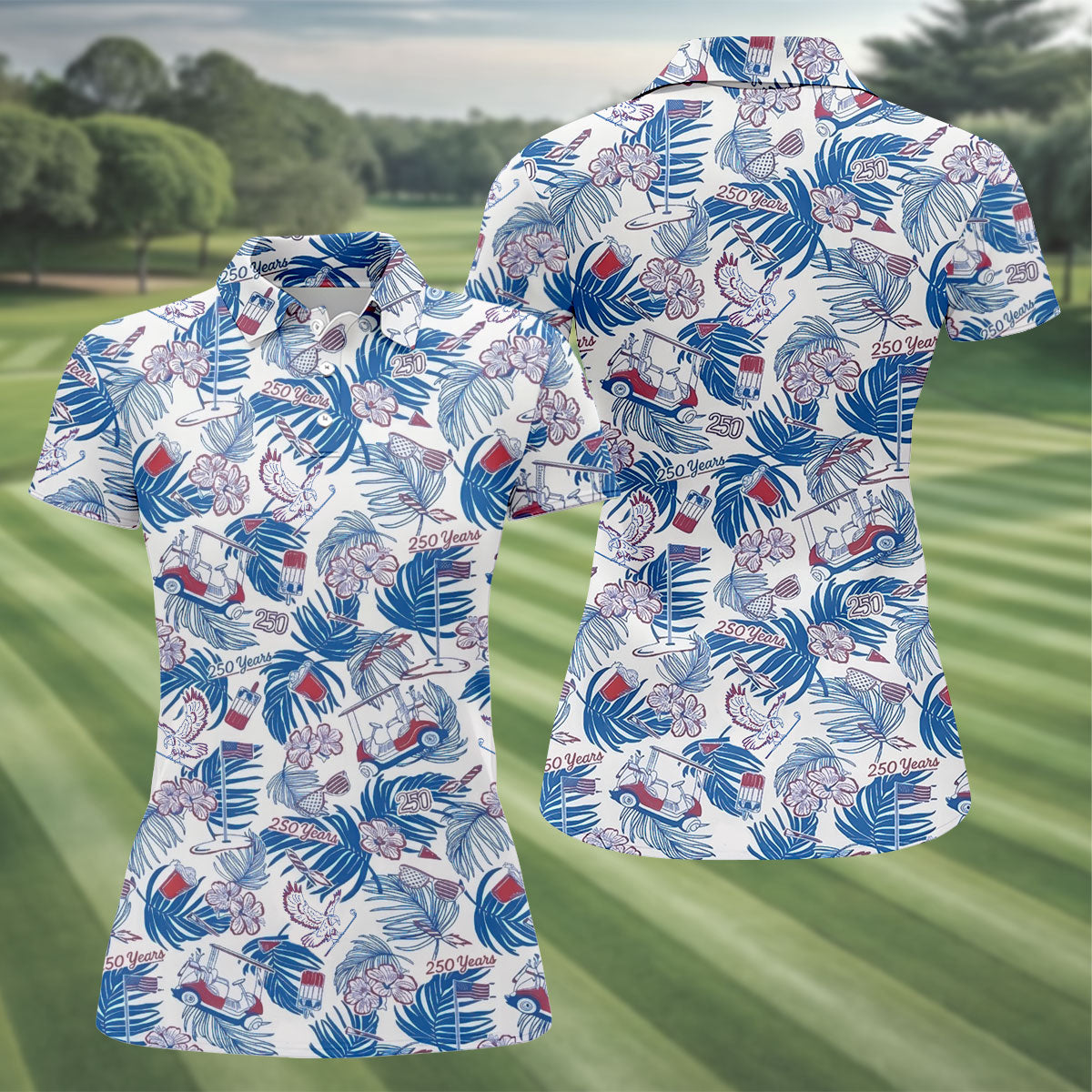 250 Years Red White Blue Tropical Floral Patriotic Golf Shirt, 4th Of July Golf Shirt For Women
