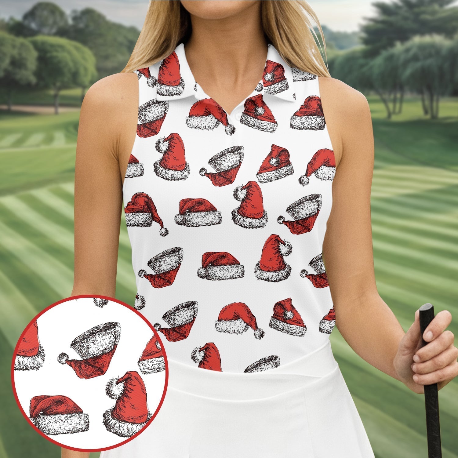 Santa Hat Pattern Christmas White Golf Tops For Women, Christmas Golf Shirt, Ladies Golf Apparel