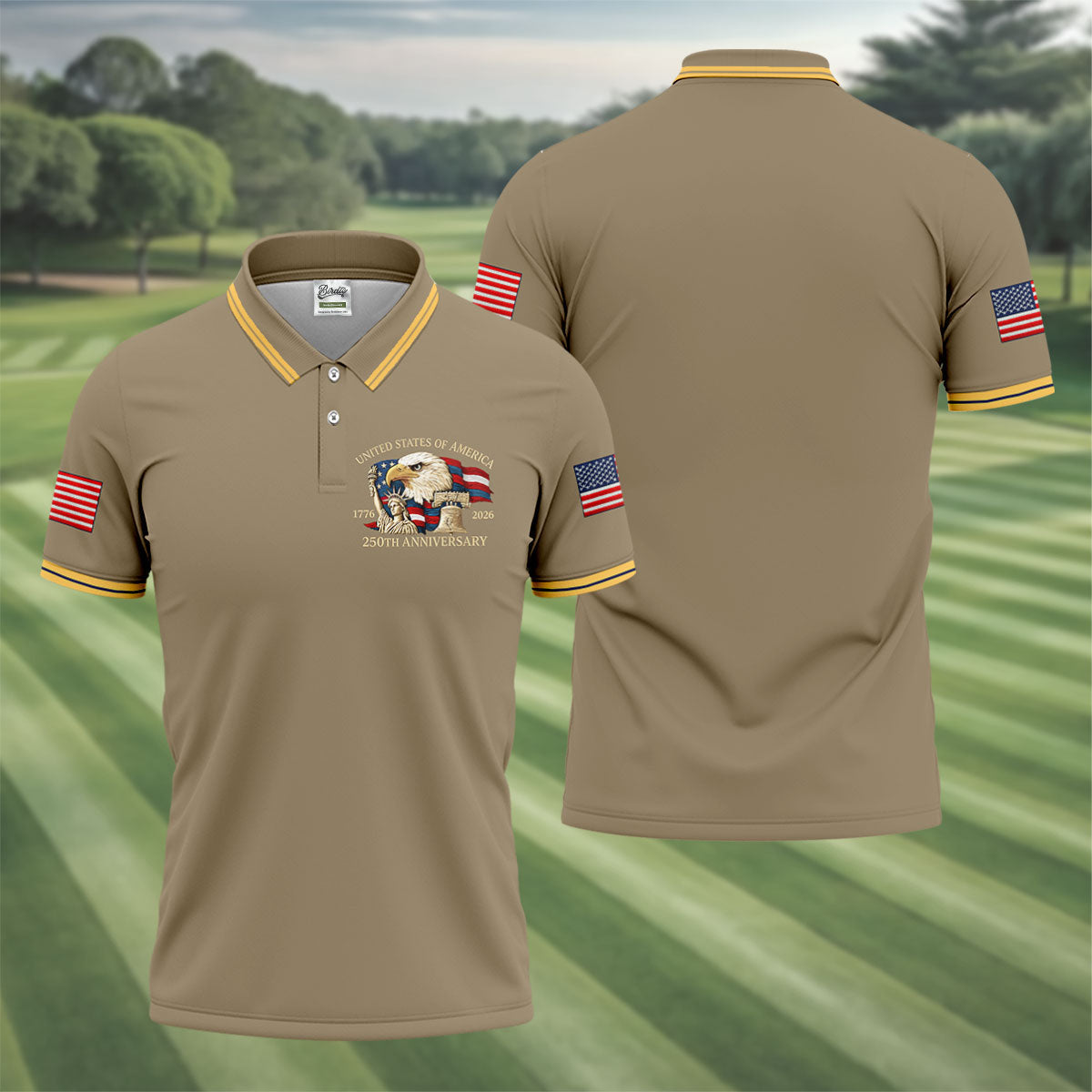 Bald Eagle American Flag 250 Years Sand Golf Shirt, Patriotic 4th Of July Golf Shirts For Men