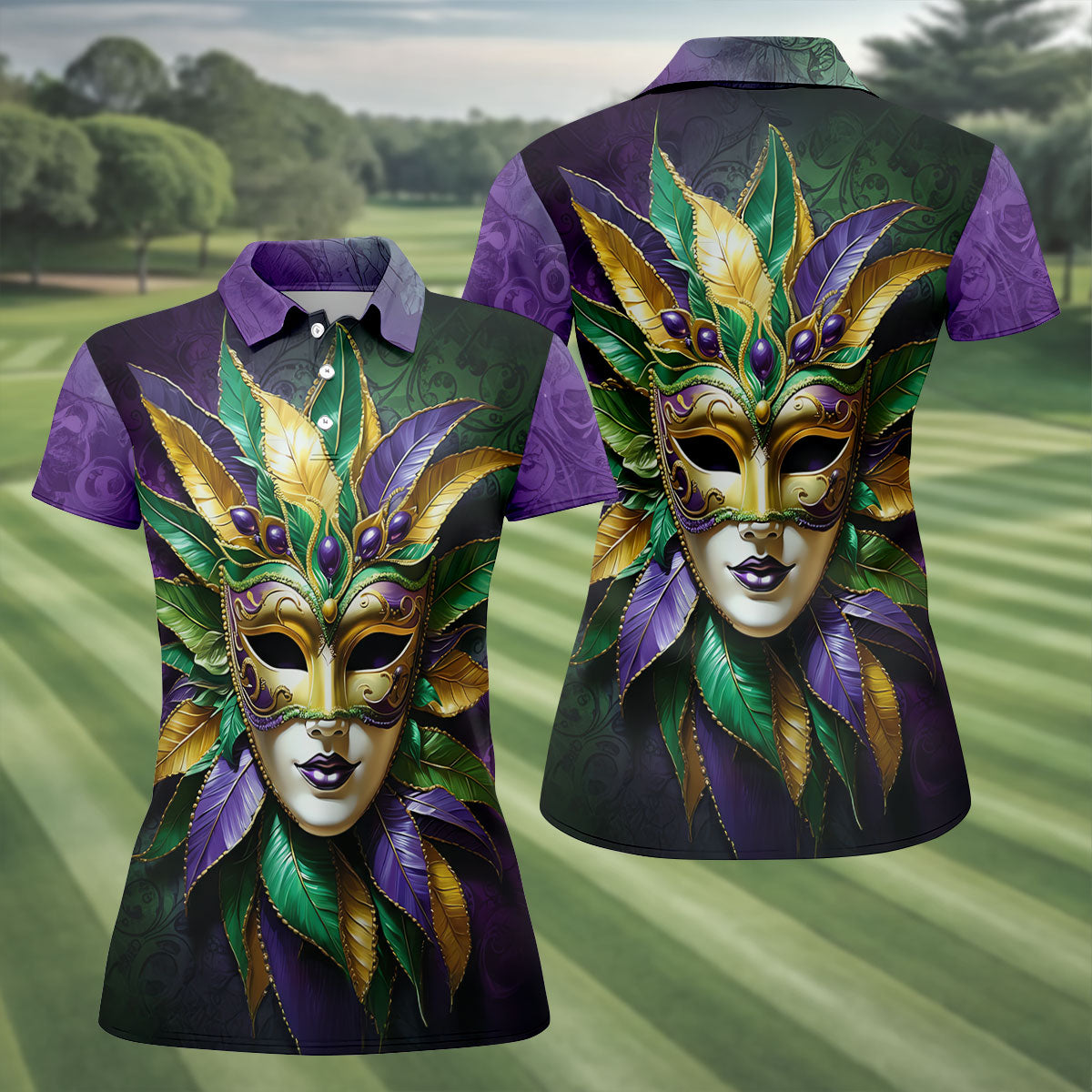 Mardi Gras Festival Mask All Over Print Women's Golf Shirts, Women's Golf Tops, Ladies Golf Shirts