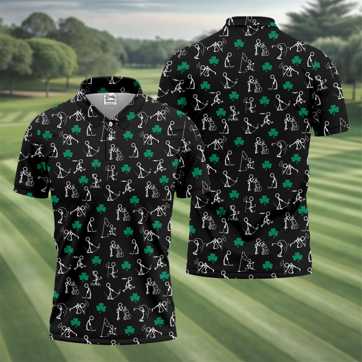 Stick Figure Golf Pose St Patrick's Day Shamrock Black Golf Shirt, Polo ShirtFor Men, Golf Shirts For Men