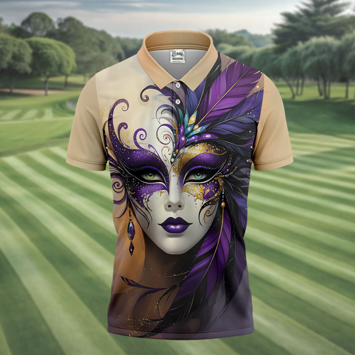 Feather Mask Mardi Gras Golf Shirt, Purple And Beige Golf Shirts For Men, Polo ShirtFor Men