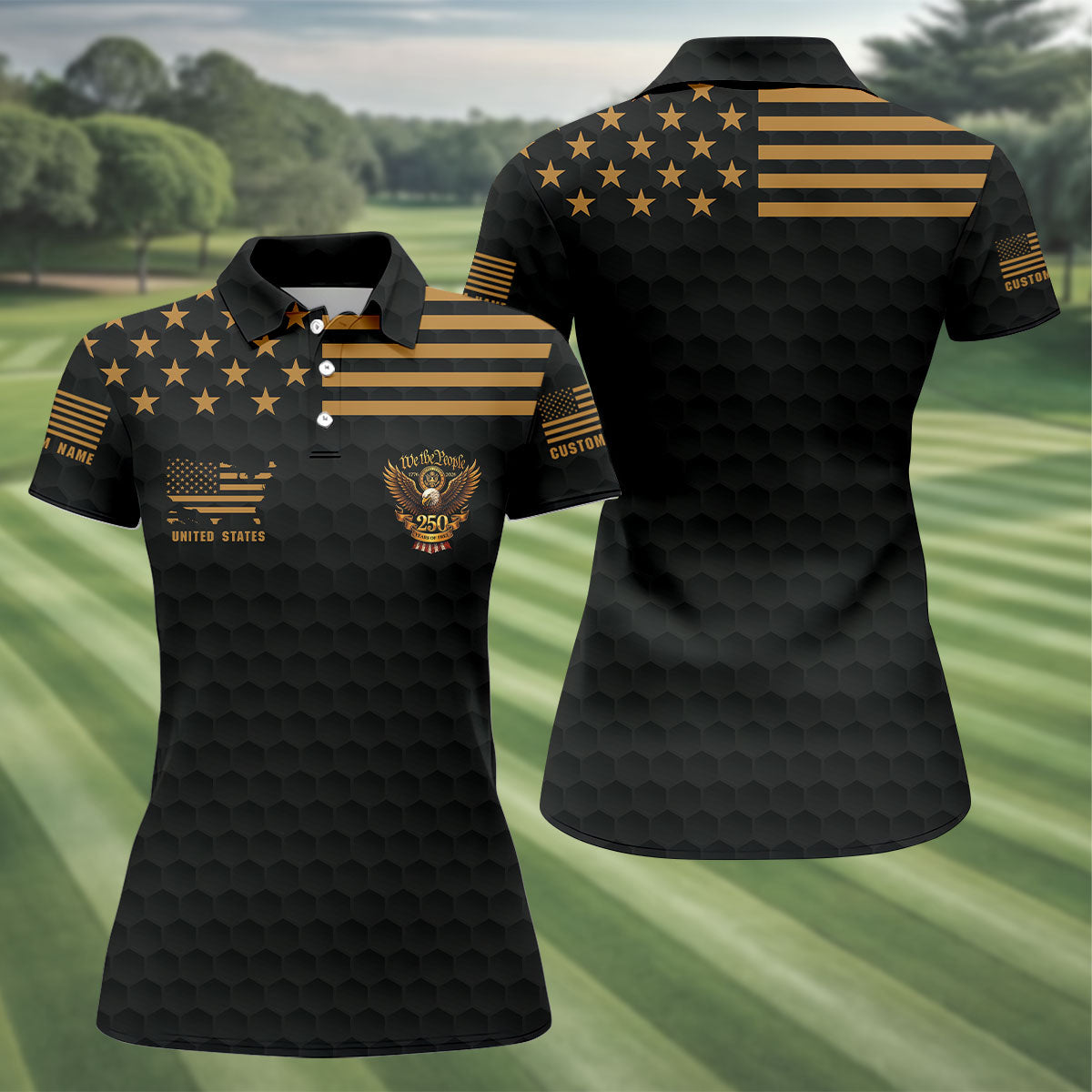 We The People 250 Years Golf Ball Pattern Black Golf Shirt, 4th Of July Patriotic Golf Shirt For Women