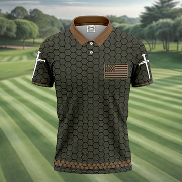 Faith Cross America 250 Anniversary Hexagonal Pattern Patriotic Golf Shirt, Golf Shirts For Men