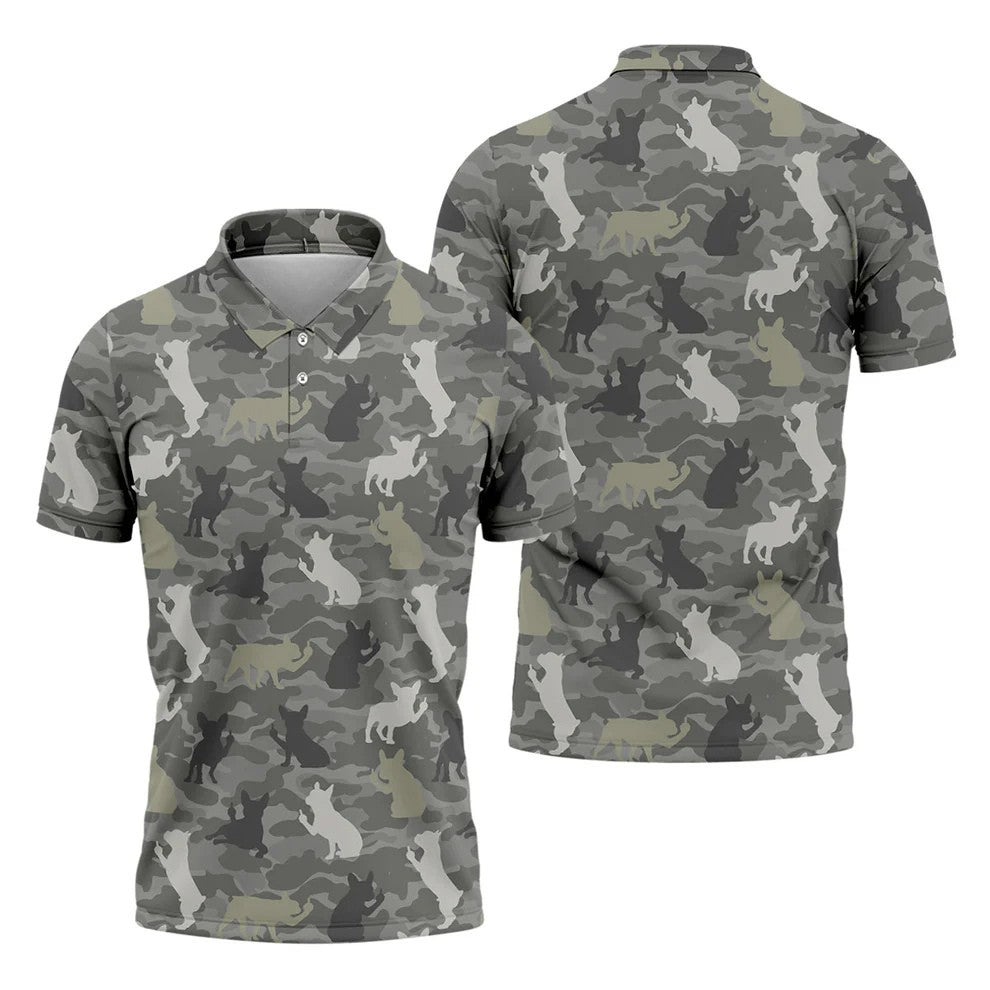 Grey Camo French Bulldog Pattern Golf Shirt, Mens Polo Shirt, Golf Shirts For Men, Performance Golf Shirt