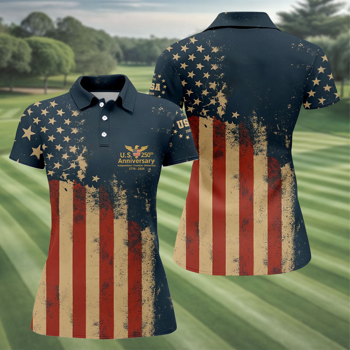 US 250th Anniversary Independence Freedom Democracy Women's Golf Tops, 4th Of July Patriotic Golf Shirt