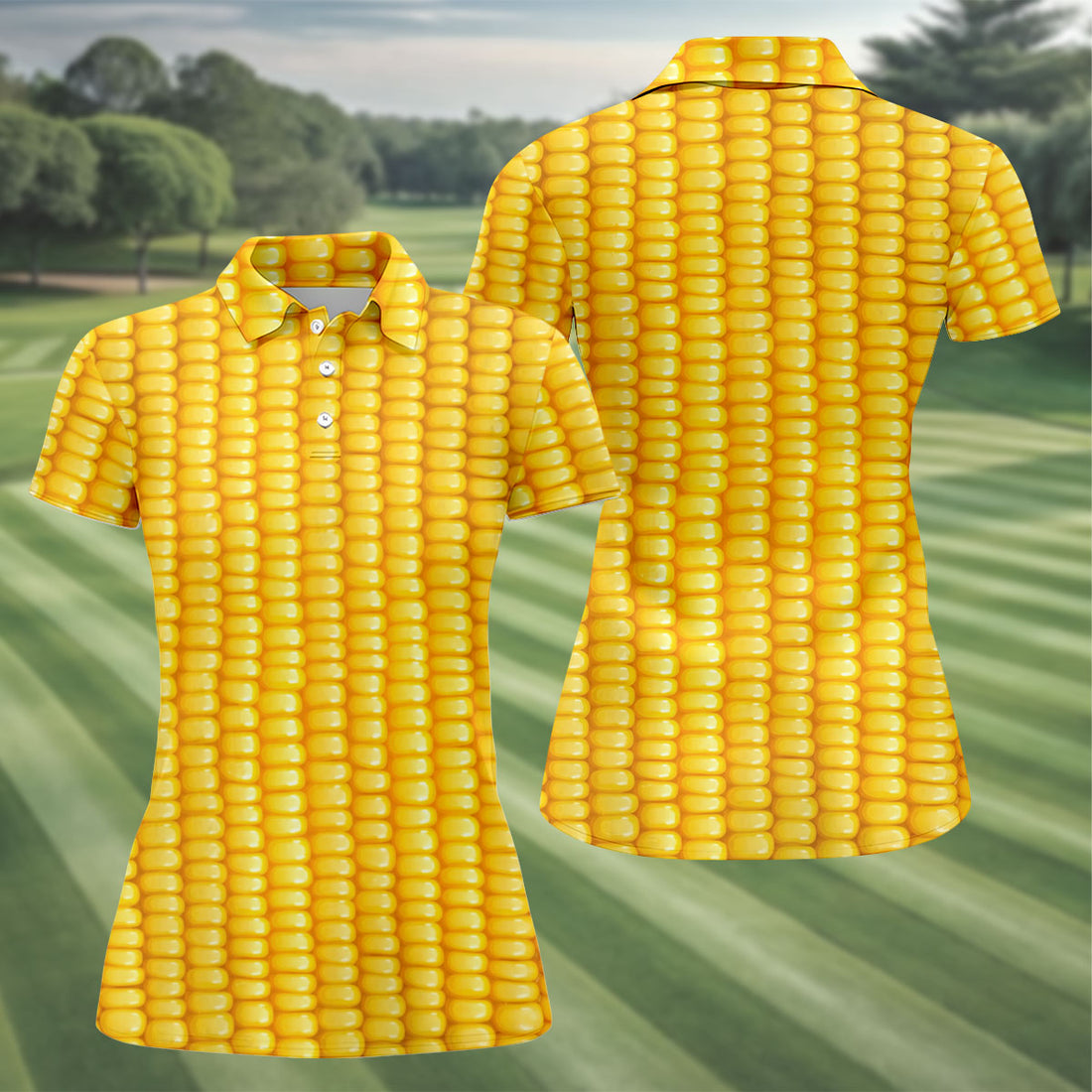 Realistic Sweet Corn Cob Print Design Golf Shirt, Women's Golf Shirt, Hawaiian Golf Shirt, Golf Polo For Women