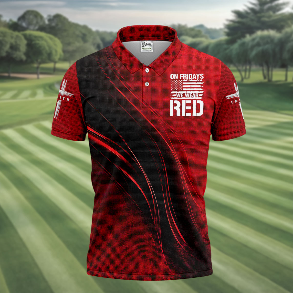 On Friday We Wear Red Faith Cross Red Black Gradient Patriotic Golf Shirt, 250 Years Polo Shirt Men