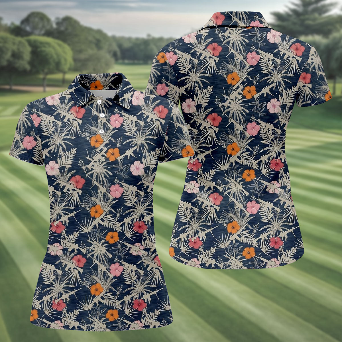 Hawaiian Hibicus Military Theme Navy Golf Shirt, Women Golf Top, Ladies Golf Shirts