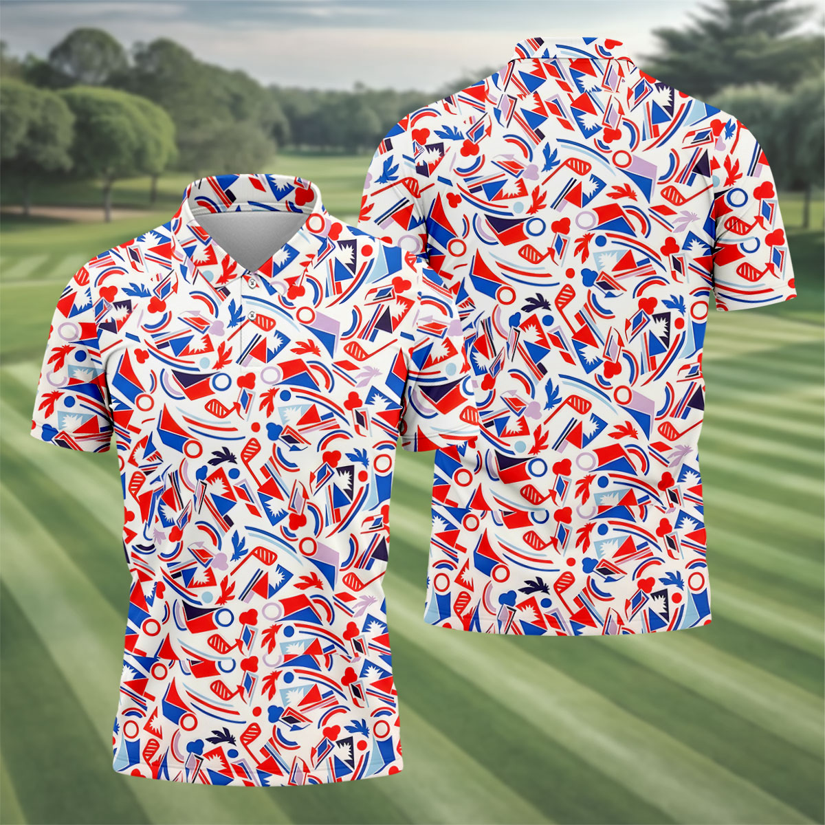 Red White Blue Golf Pattern Patriotic Golf Shirt, 250 Years Of Freedom 4th Of July Golf Shirts For Men