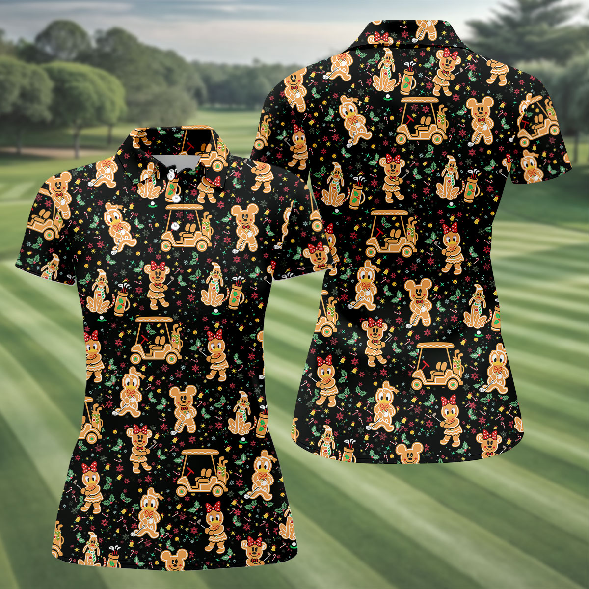 Cartoon Gingerbread Black Golf Shirt, Christmas Golf Shirt, Ladies Golf Shirts, Women's Polo Shirt