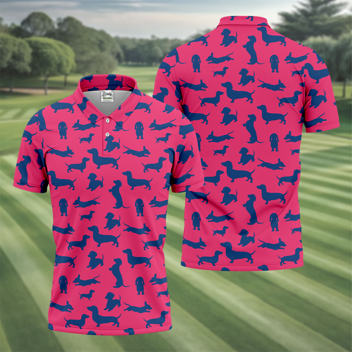 Funny Dachshund Pink And Navy Cute Golf Shirt, Men's Funny Golf Shirts, Golf Shirts For Men