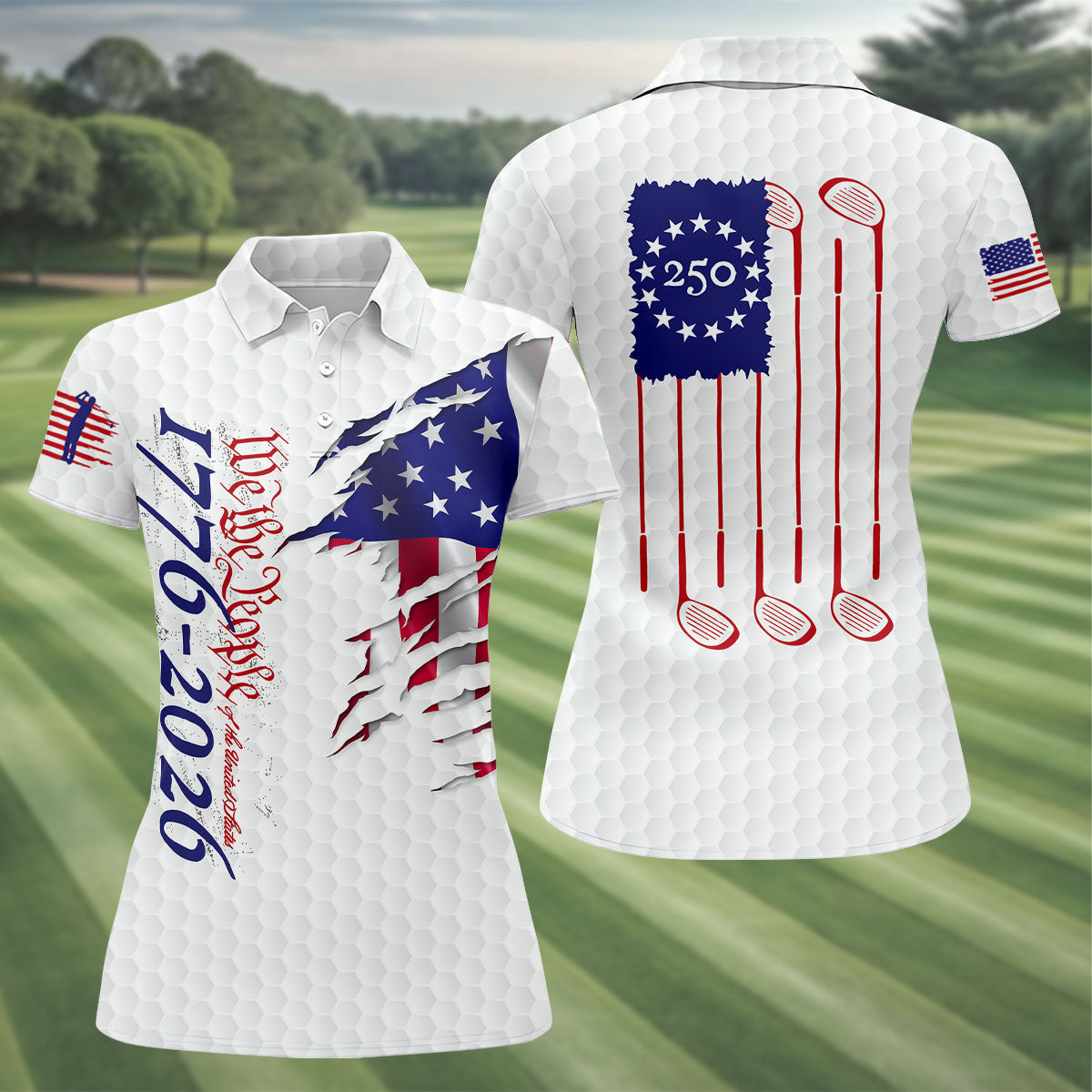We The People 250 Anniversary 1776-2026 Distressed Flag Golf Shirt For Women, Patriotic 4th Of July Golf Shirt