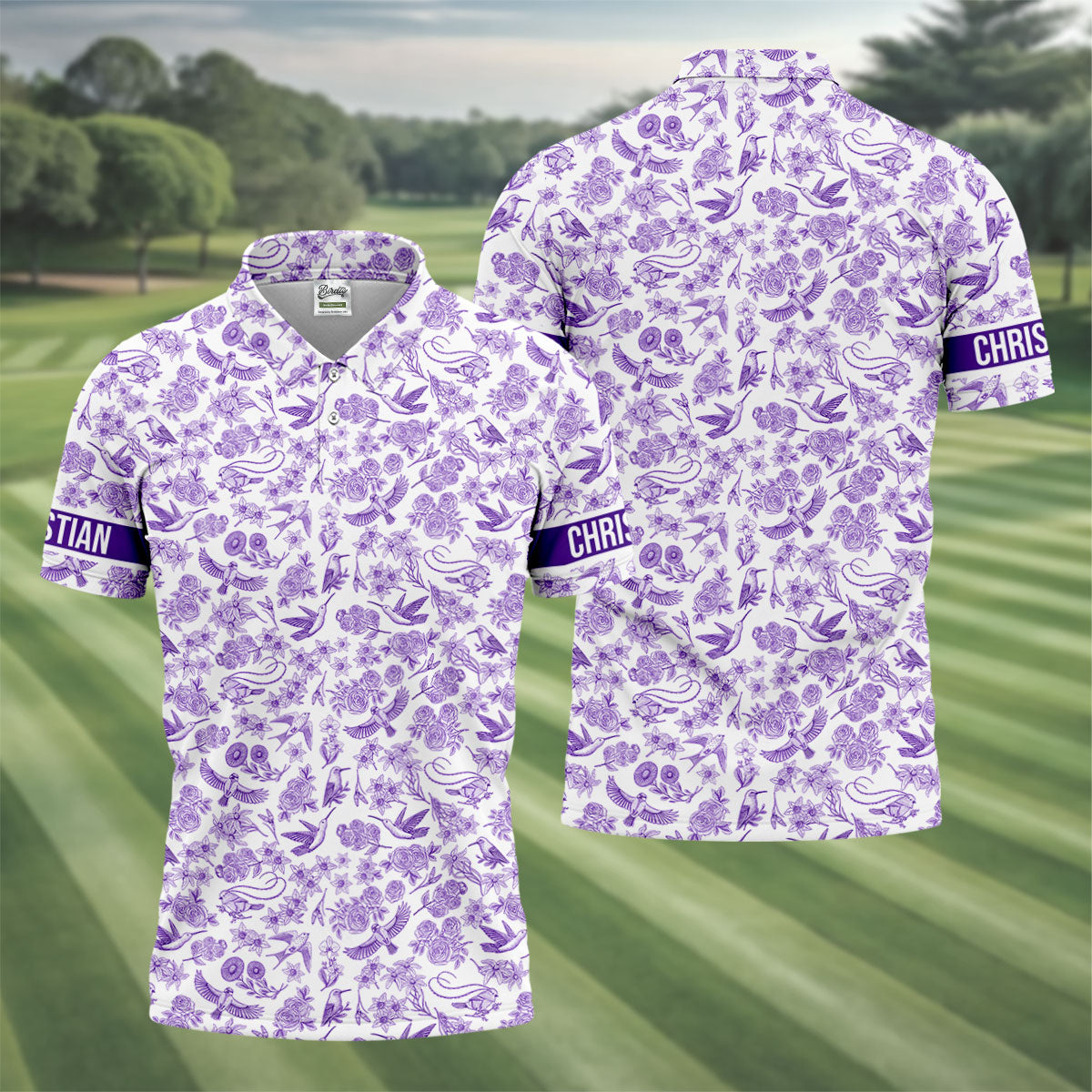 Custom Name Toile de Jouy Birds And Flowers Purple And White Polo ShirtFor Men, Golf Gift For Men