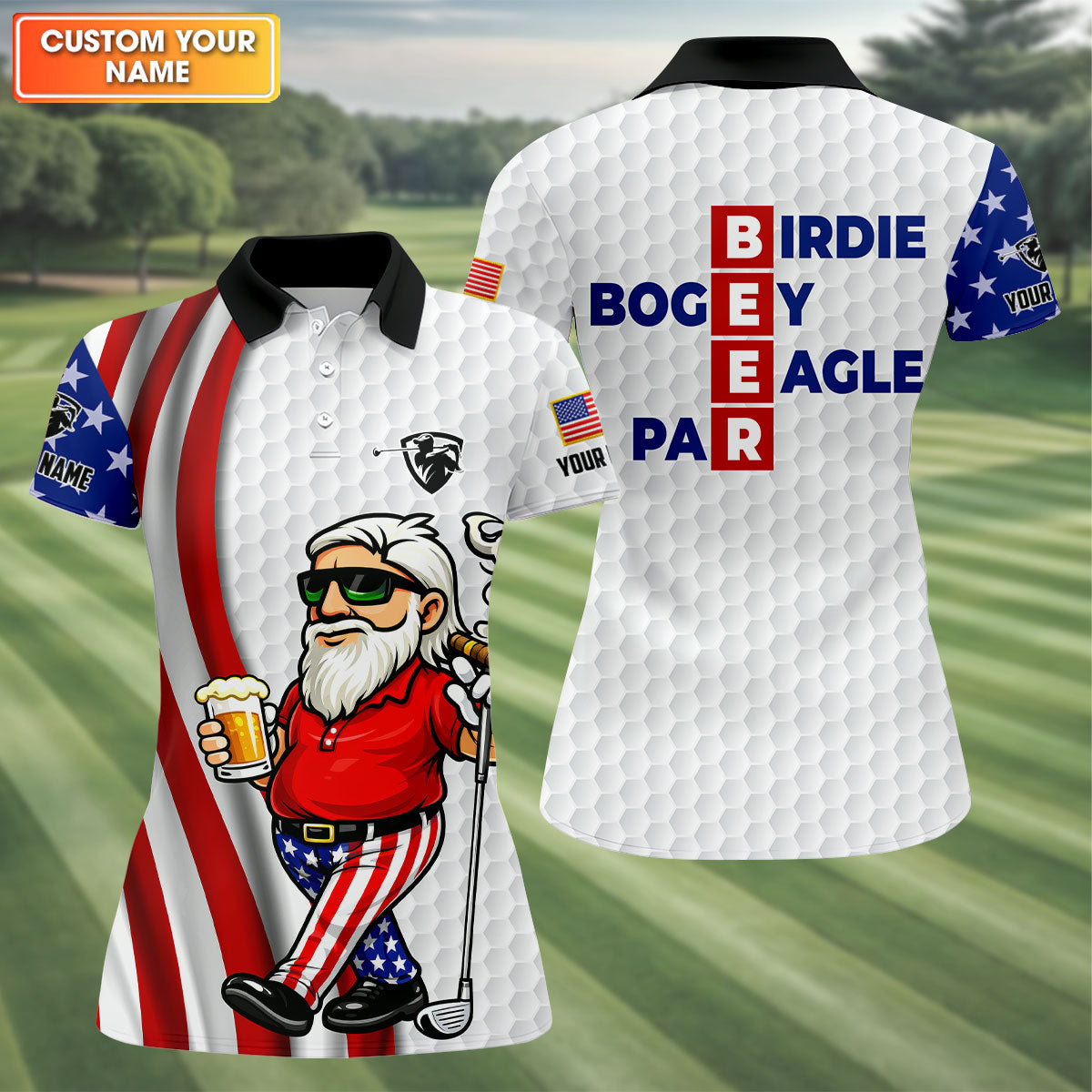 Patriotic Man Golf And Beer Funny 4th Of July White Golf Shirt, 250 Years Of America Women's Golf Tops