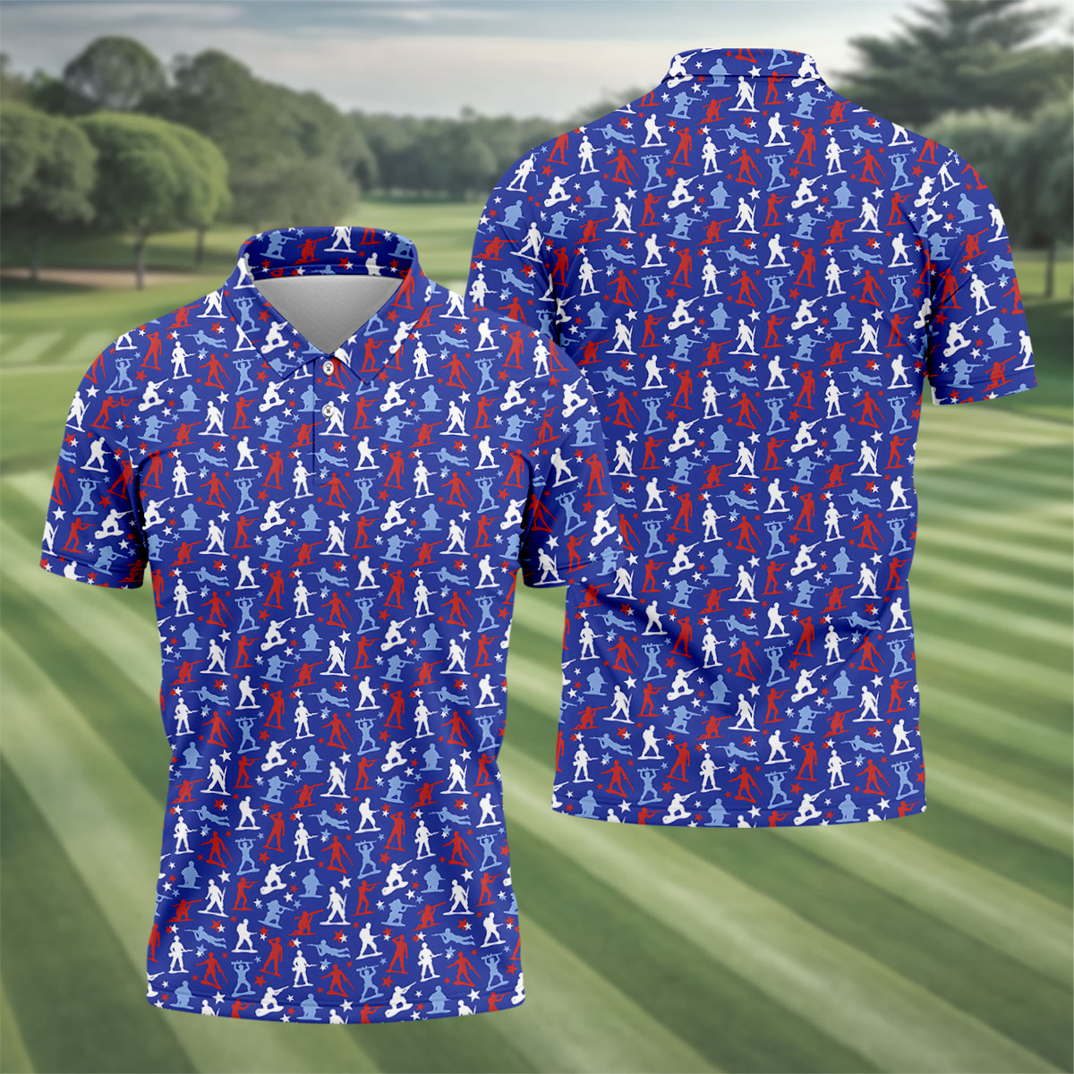 Red White Blue Soldier Pose Patriotic 4th Of July Golf Shirt, 250th Anniversary Golf Shirts For Men