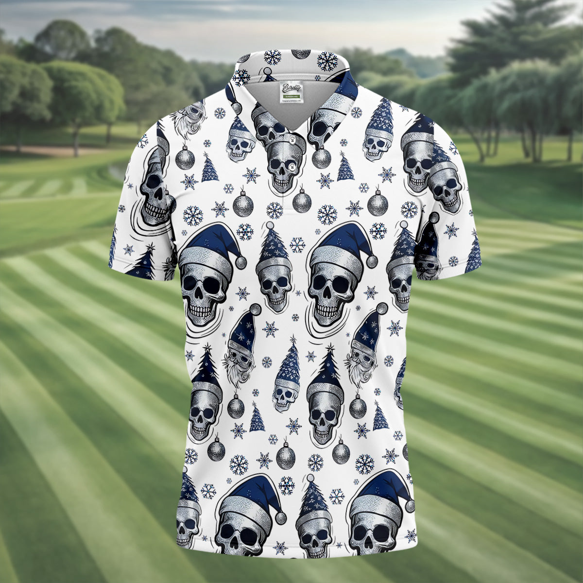 Vintage Skull Christmas Golf Shirt, White Polo Shirt, Cool Golf Gift, Golf Shirts For Men