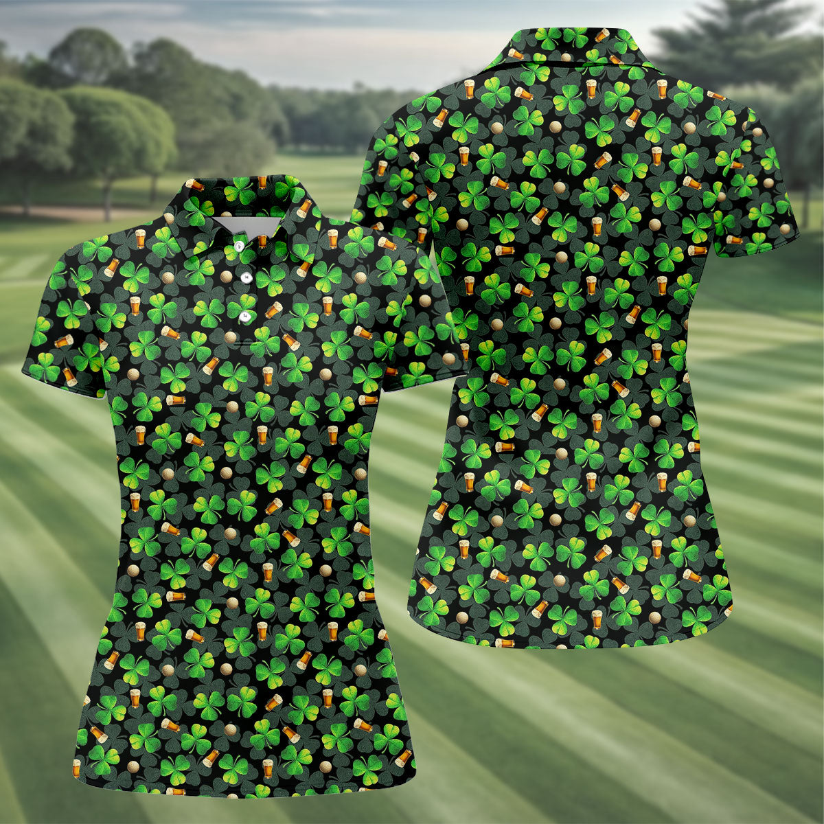 St Patrick's Day Beer Golf Ball Pattern Shamrock Golf Shirt, Women's Golf Tops, Ladies Golf Polos