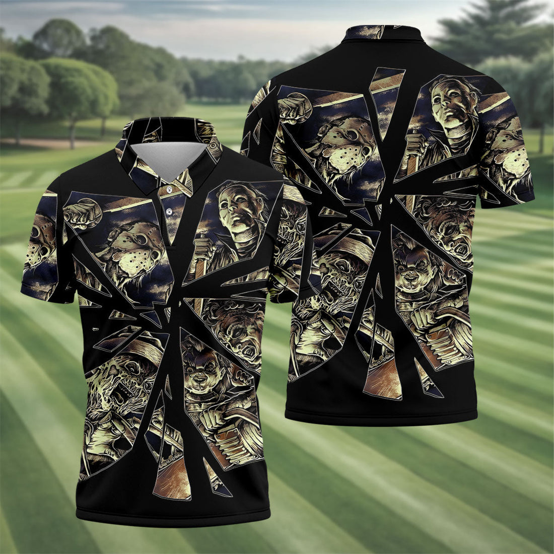 Broken Glass Horror Character Collage Golf Polo Shirt, Mens Golf Shirts, Hawaiian Golf Shirt