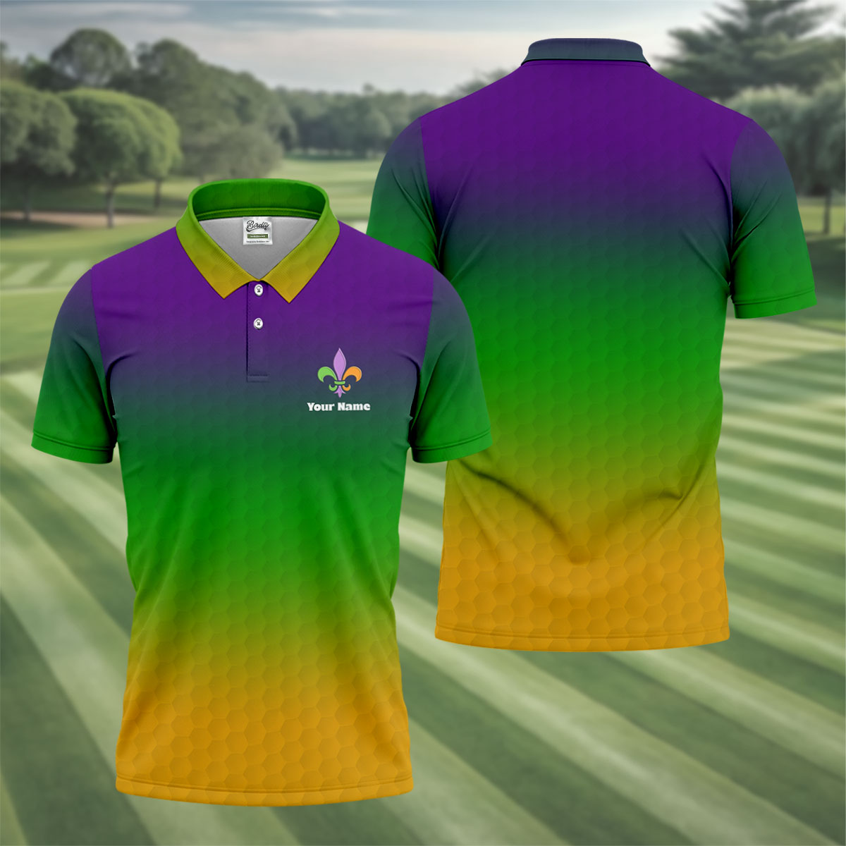 Mardi Gras Purple Gold Green Blended Color Golf Ball Pattern Golf Tops For Men, Polo ShirtFor Men