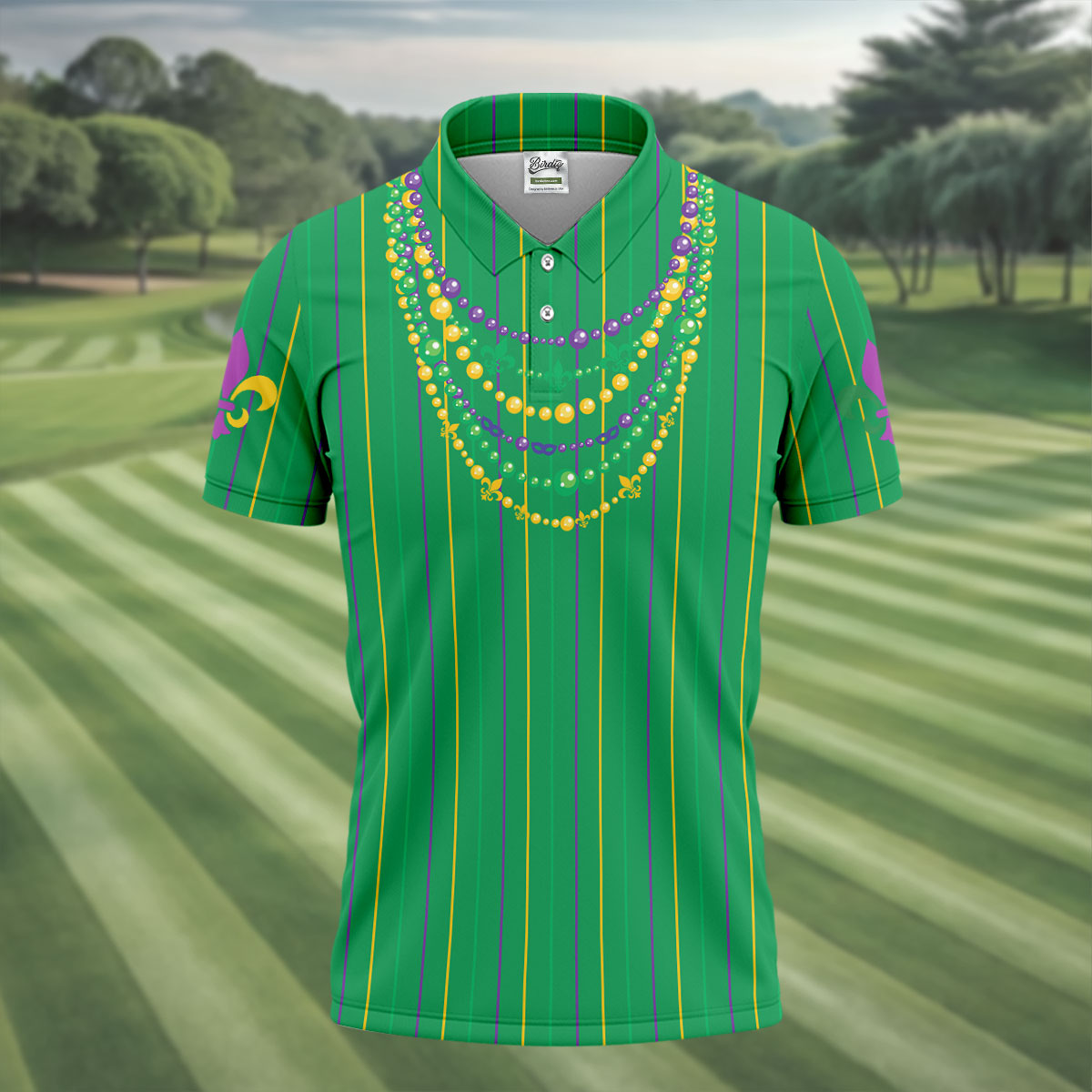 Mardi Gras Beads Necklaces Print Green Golf Shirt, Golf Tops For Men, Polo ShirtFor Men, Golf Shirts For Men