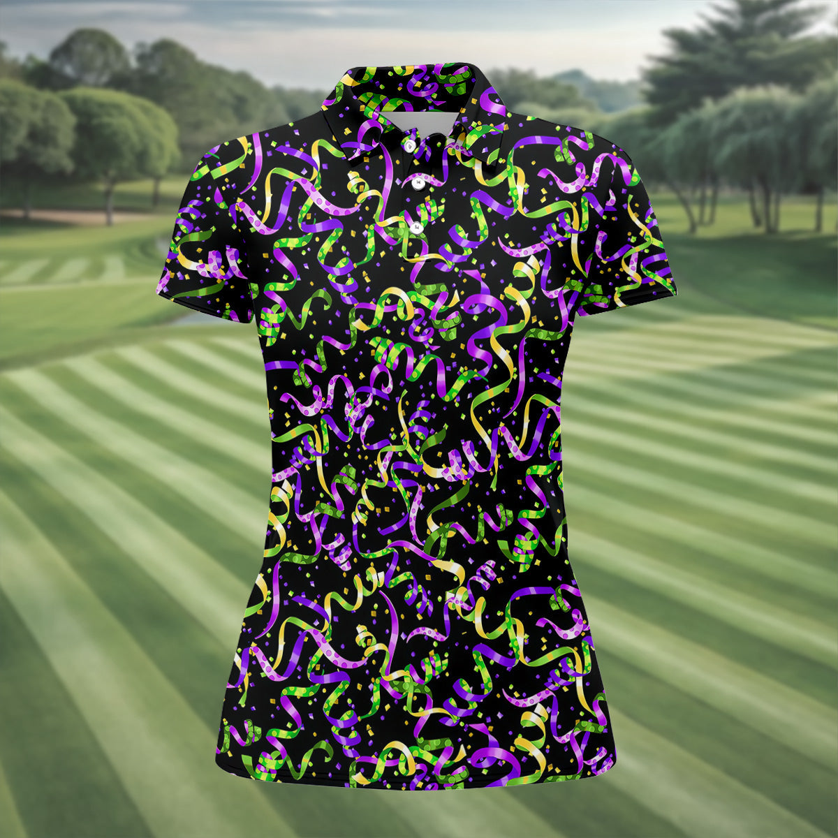 Mardi Gras Carnival Purple Green Gold Women Golf Top, Festive Ladies Golf Tops, Ladies Golf Shirts