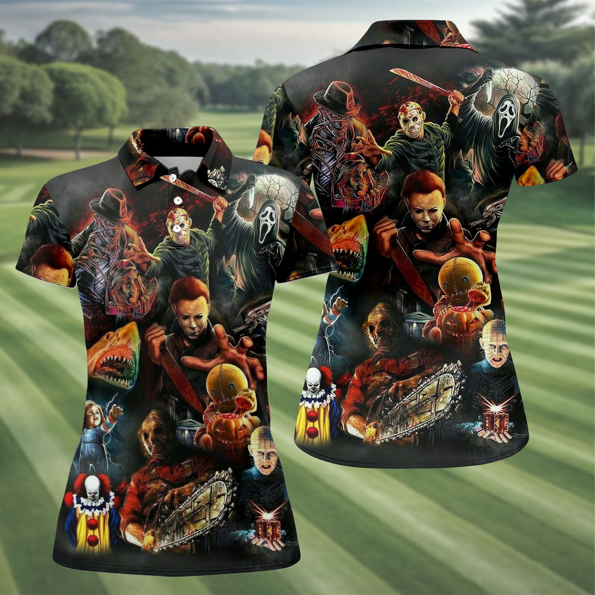 Halloween Horror Character Collage Golf Shirt, Women's Golf Polo, Printed Golf Shirt