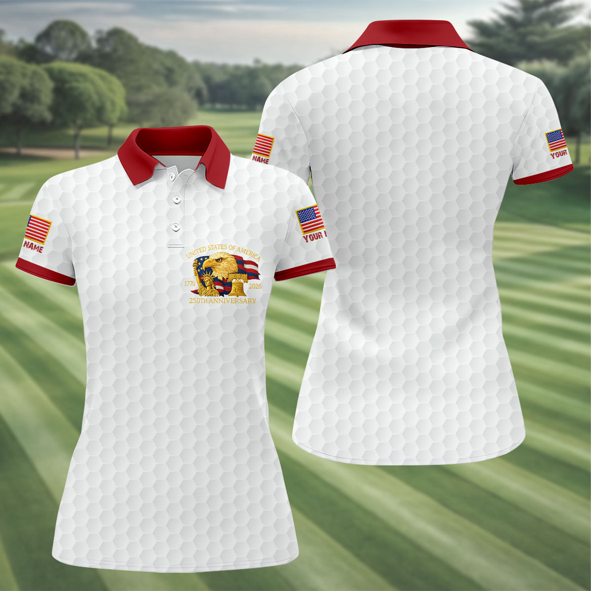 United States 250th Anniversary Patriotic Eagle White Custom Golf Shirts, 4th Of July Golf Shirt For Women