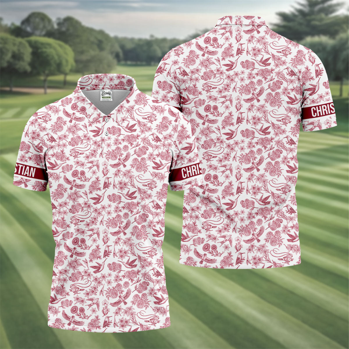 Custom Name Toile de Jouy Birds And Flowers White And Red Polo ShirtFor Men, Golf Gift For Men