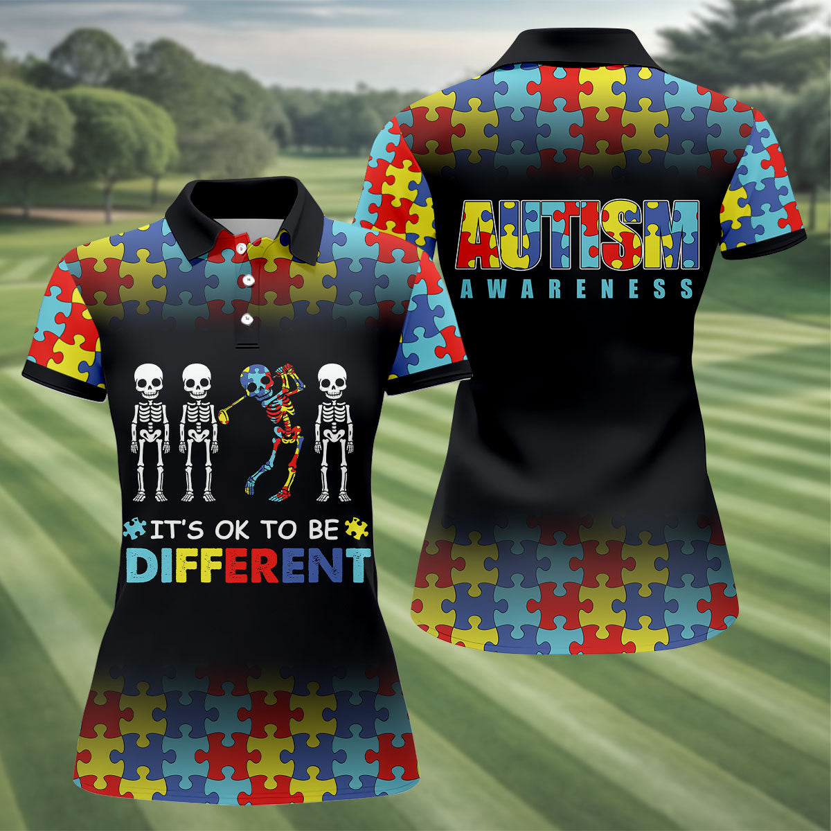 It's Ok To Be Different Women Polo Shirt, Autism Awareness Puzzle Pattern Black Fade Golf Shirts For Women, Autism Golf Shirt