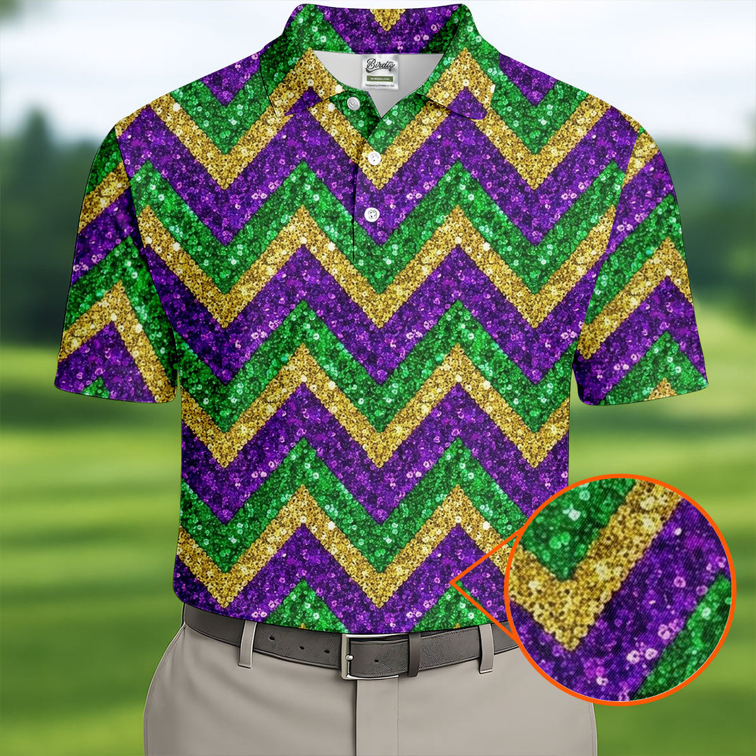 Mardi Gras Purple Gold Green Zigzag Pattern Glitter Print Golf Tops For Men, Polo ShirtFor Men, Golf Shirts For Men
