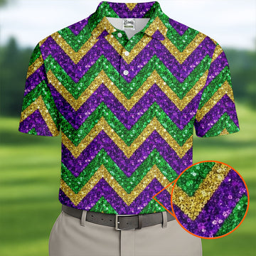Mardi Gras Purple Gold Green Zigzag Pattern Glitter Print Golf Tops For Men, Polo ShirtFor Men, Golf Shirts For Men