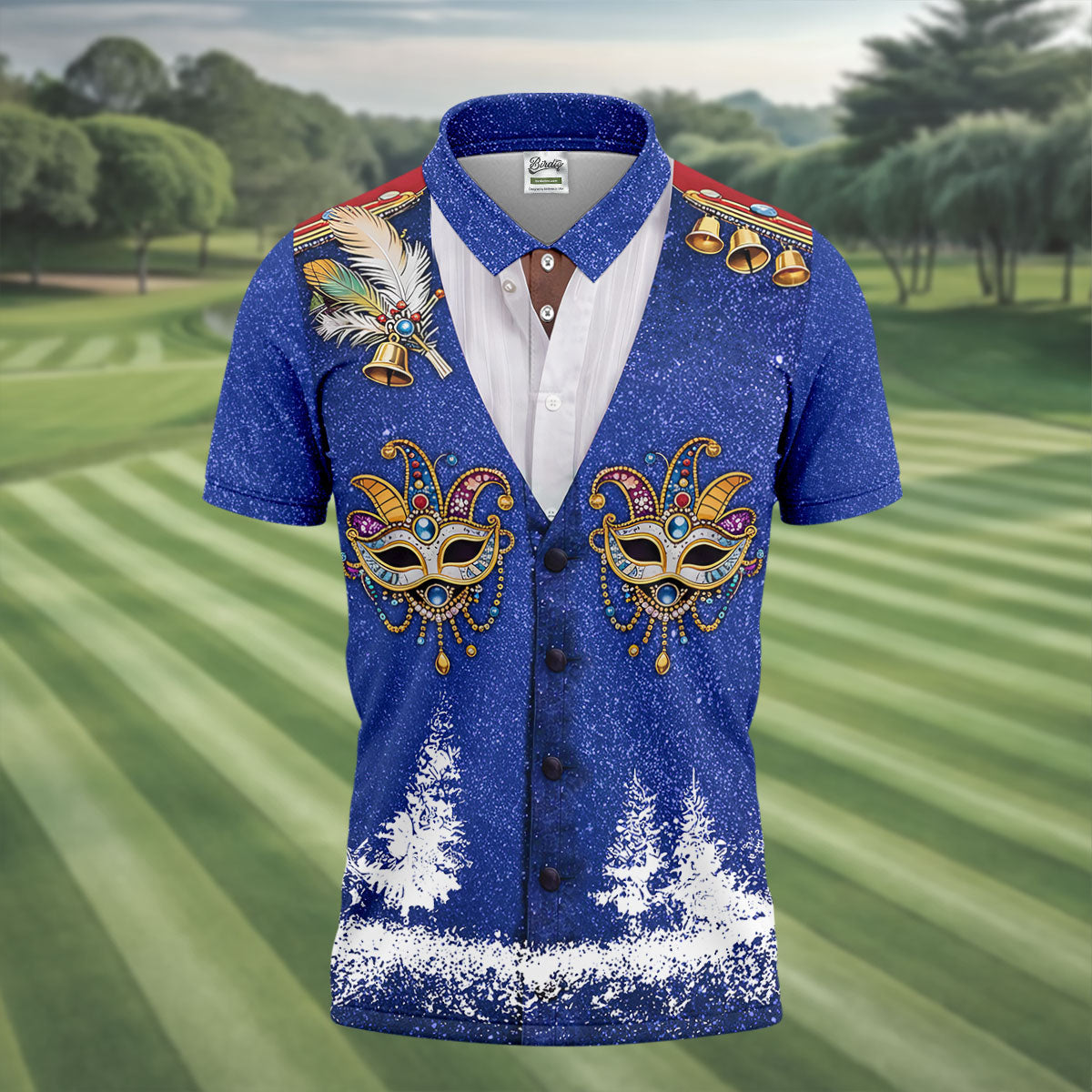 Masquerade Mask Feather Mardi Gras Glitter Print Blue Golf Shirt, Polo ShirtFor Men, Golf Shirts For Men