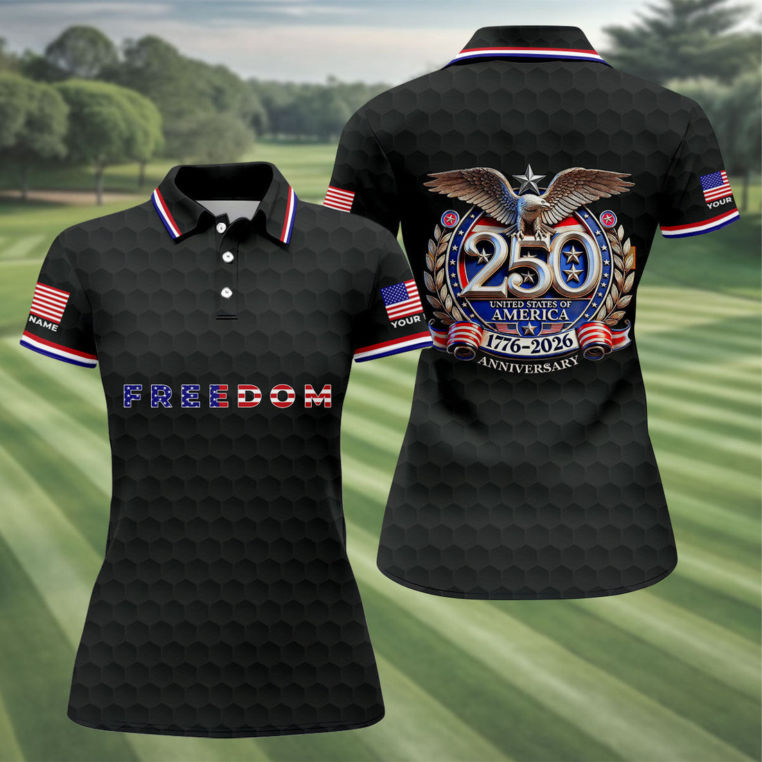 Freedom American Bald Eagle 250th Anniversary Black Golf Shirt, Patriotic 4th Of July Golf Shirt For Women