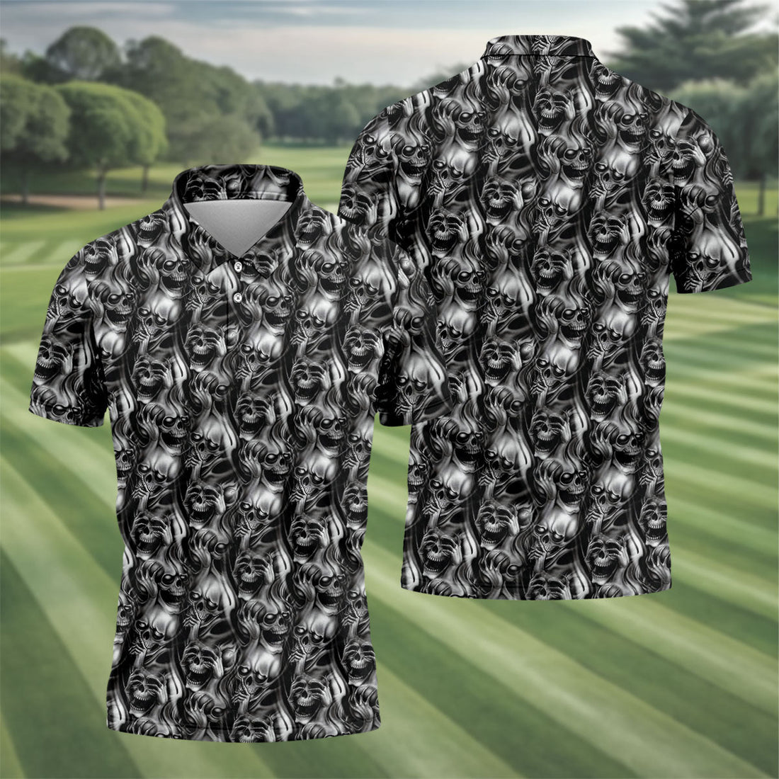 Dark Grim Reaper Skull Pattern Golf Polo Shirt, Mens Golf Polo, Golf Apparel For Men