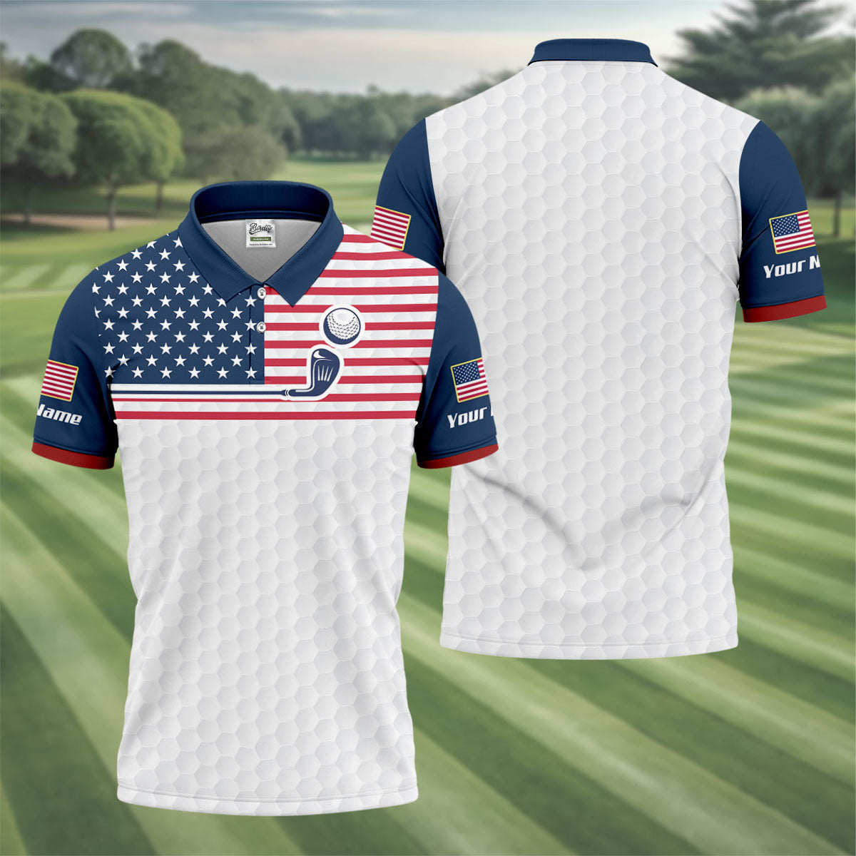 Patriot American Flag Golf Ball Pattern Golf Tops For Men, 250th Anniversary Patriotic Golf Shirt