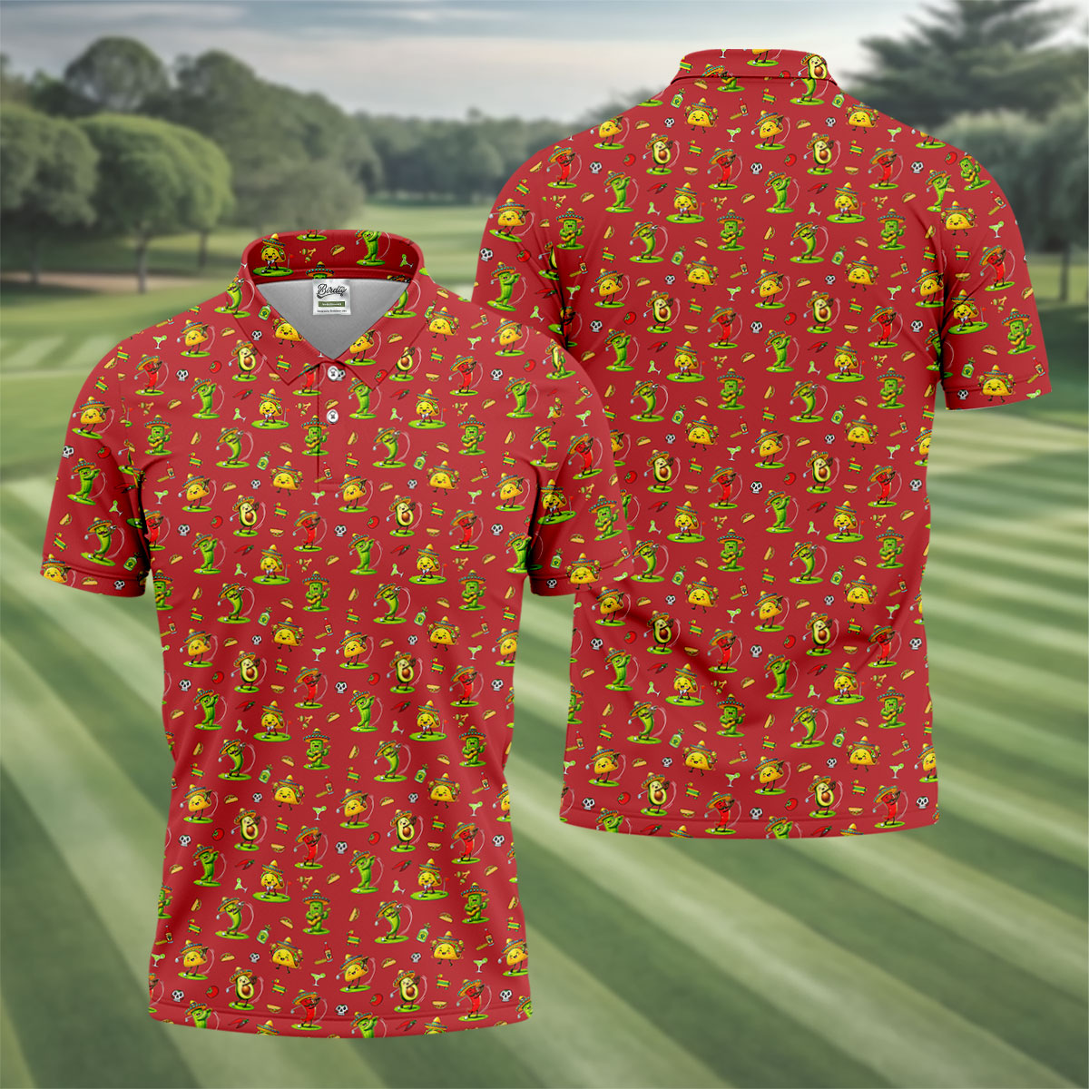 Mexican Cartoon Food Characters Cinco De Mayo Celebration Fiesta Themed Red Golf Shirts For Men