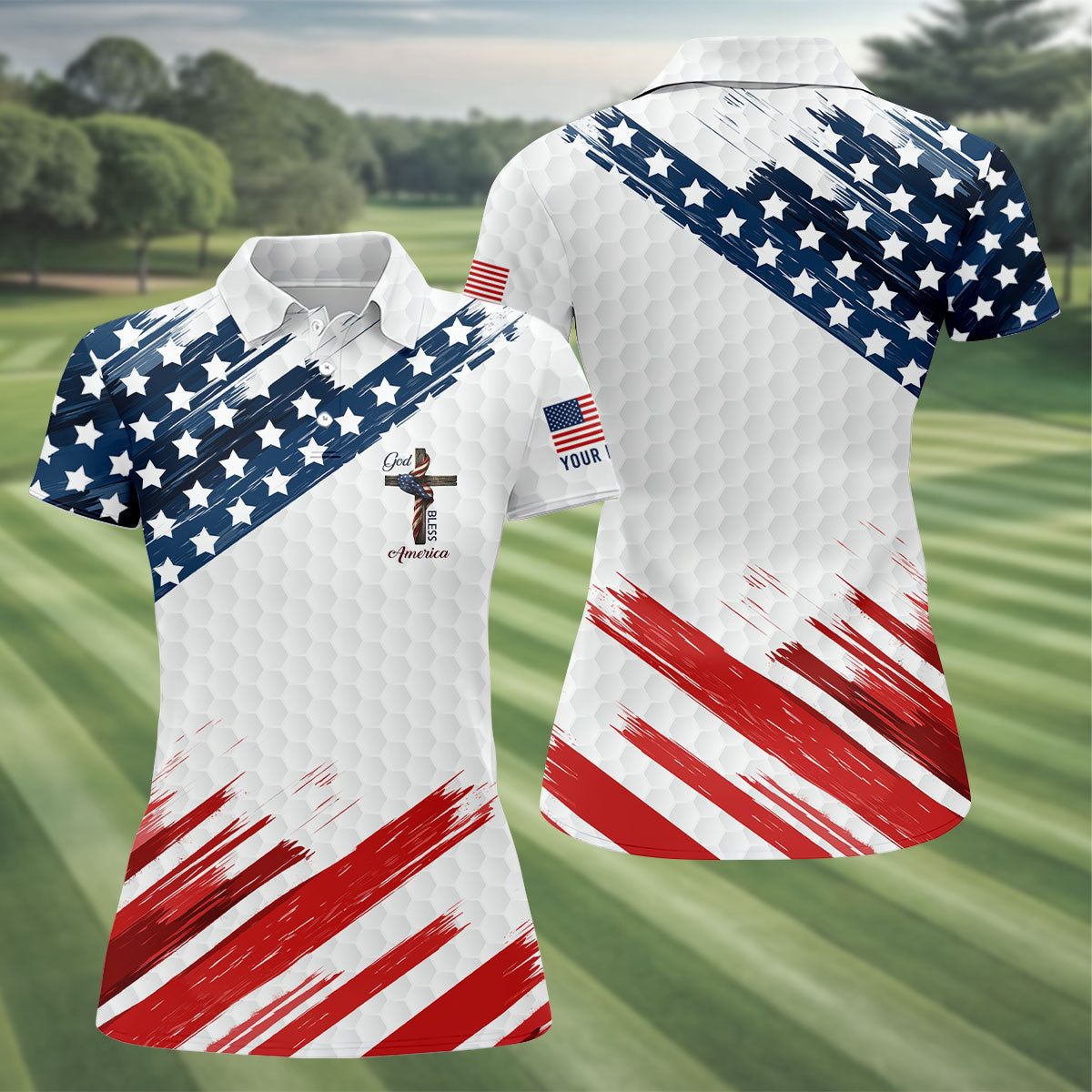 America 250 Anniversary Bald Eagle US Flag Brush White Golf Shirt, Patriotic 4th Of July Golf Shirt For Women