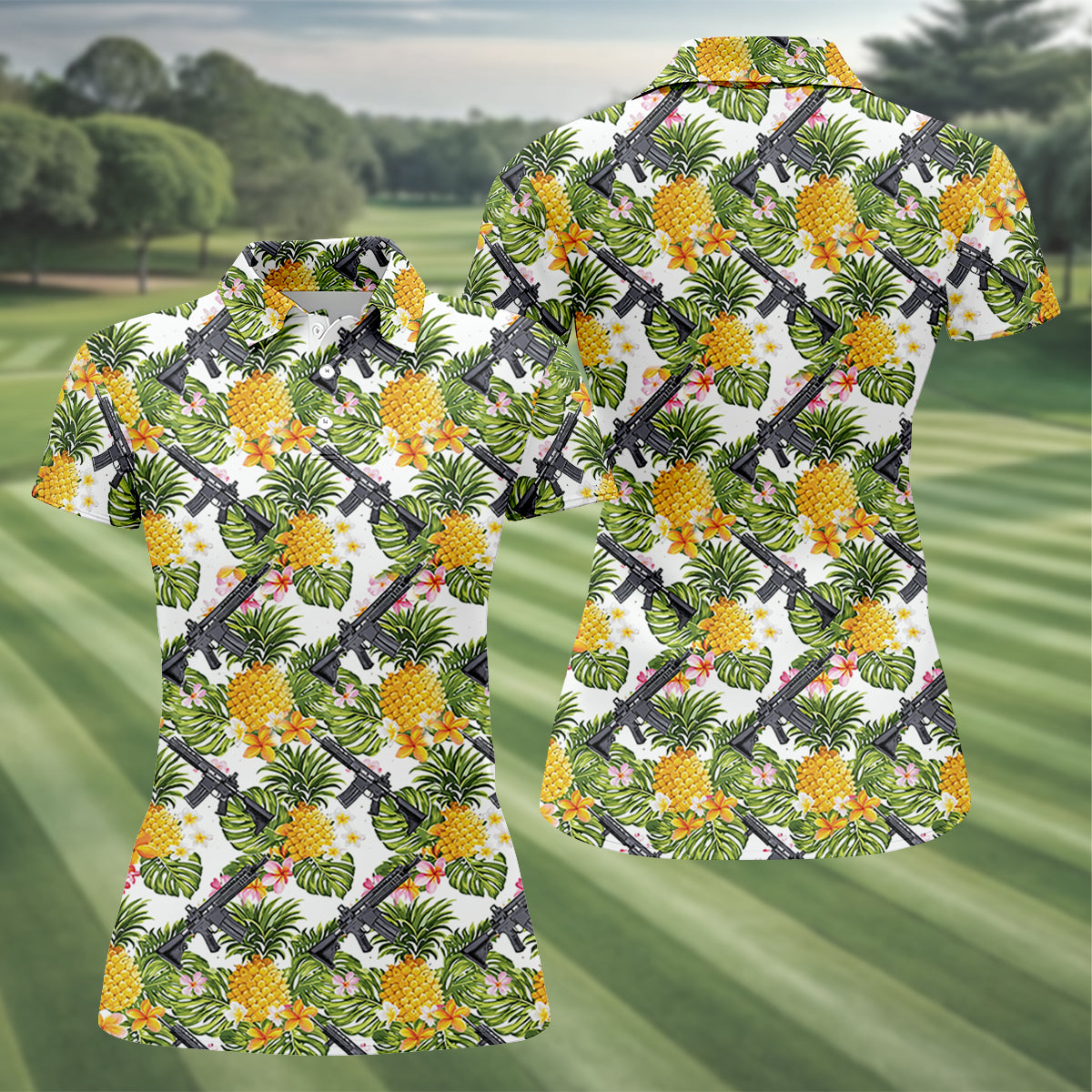 Tropical Pineapple Rifle Golf Shirt, Hawaiian Tactical Print, Women’s Golf Polo