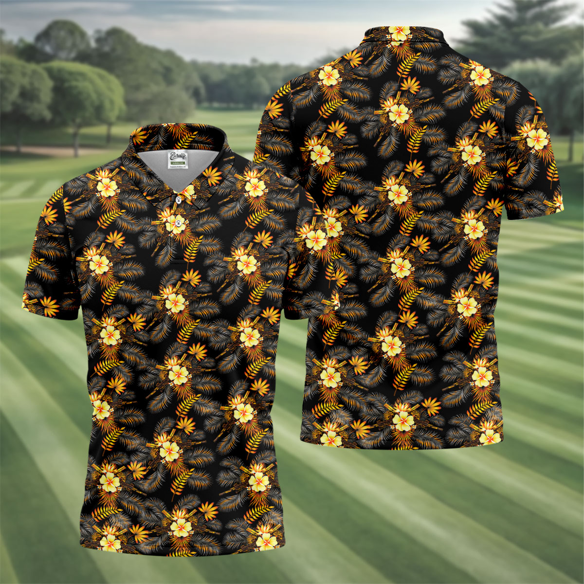 Yellow Hibiscus Flower Black Hawaiian Golf Shirt, Tropical Vibe Golf Shirts For Men