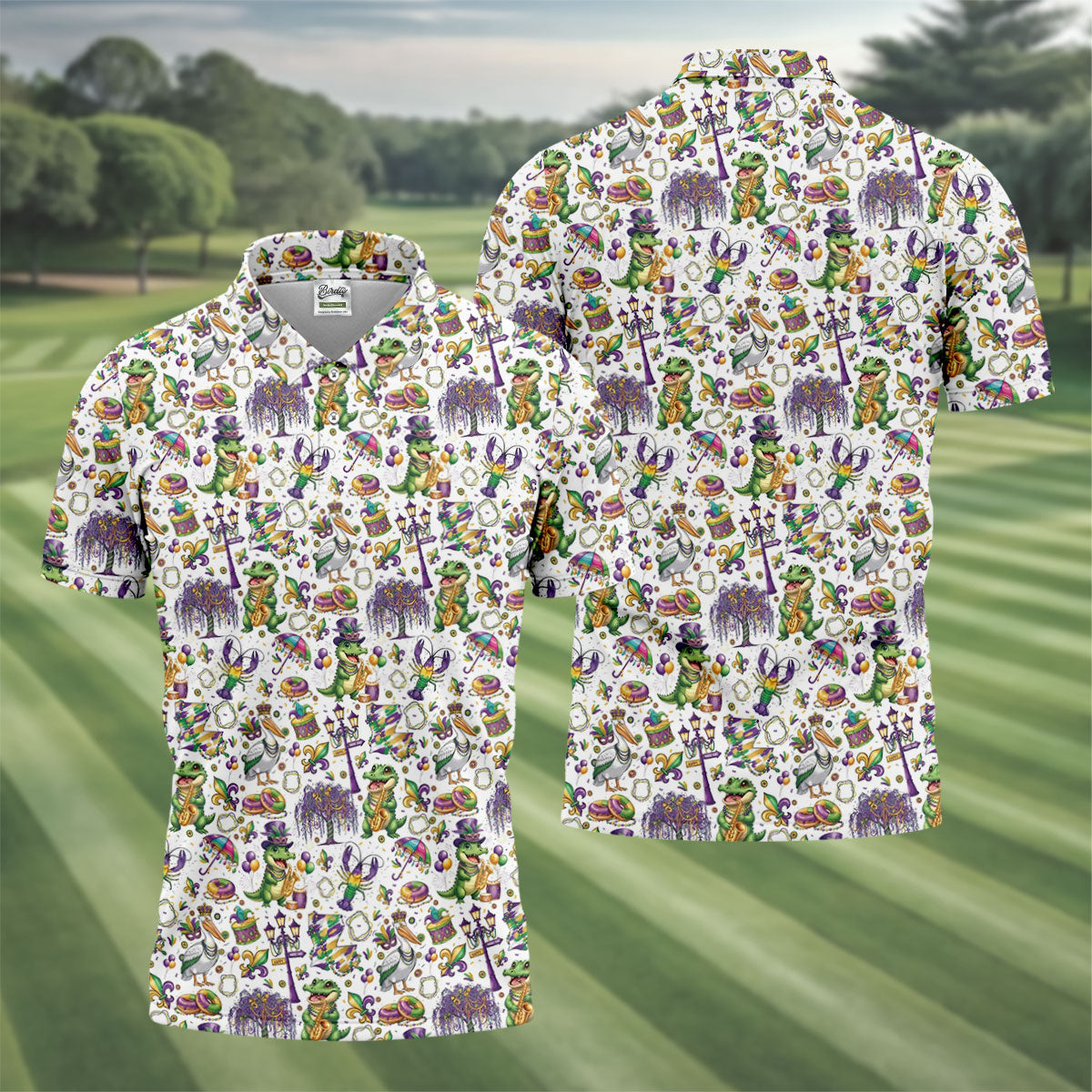 Mardi Gras Fleur De Lis Animal Band White Golf Shirt, Golf Tops For Men, Polo Shirt Men