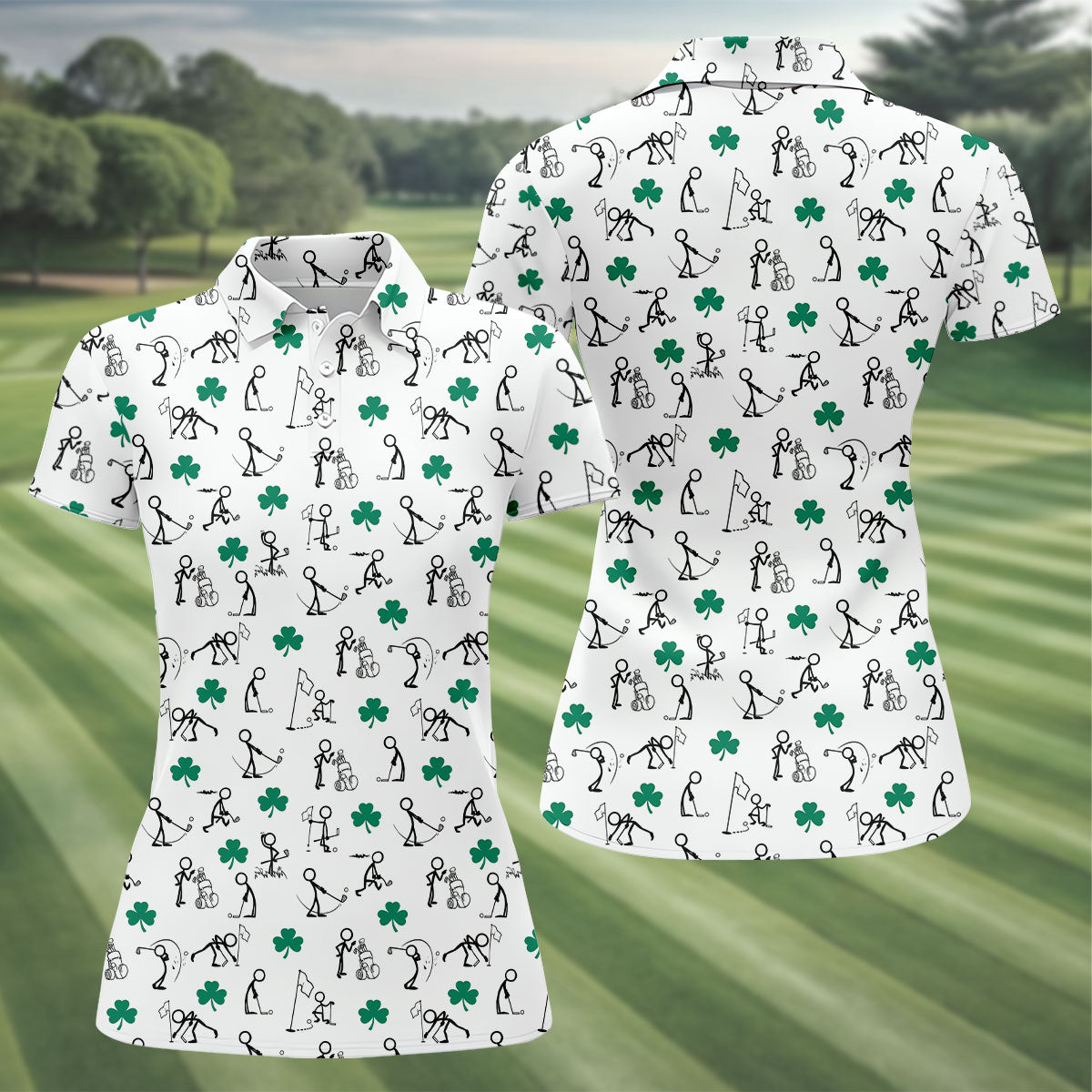 Stick Figure Golf Pose St Patrick's Day Shamrock White Golf Shirt, Women's Golf Tops, Ladies Golf Polos