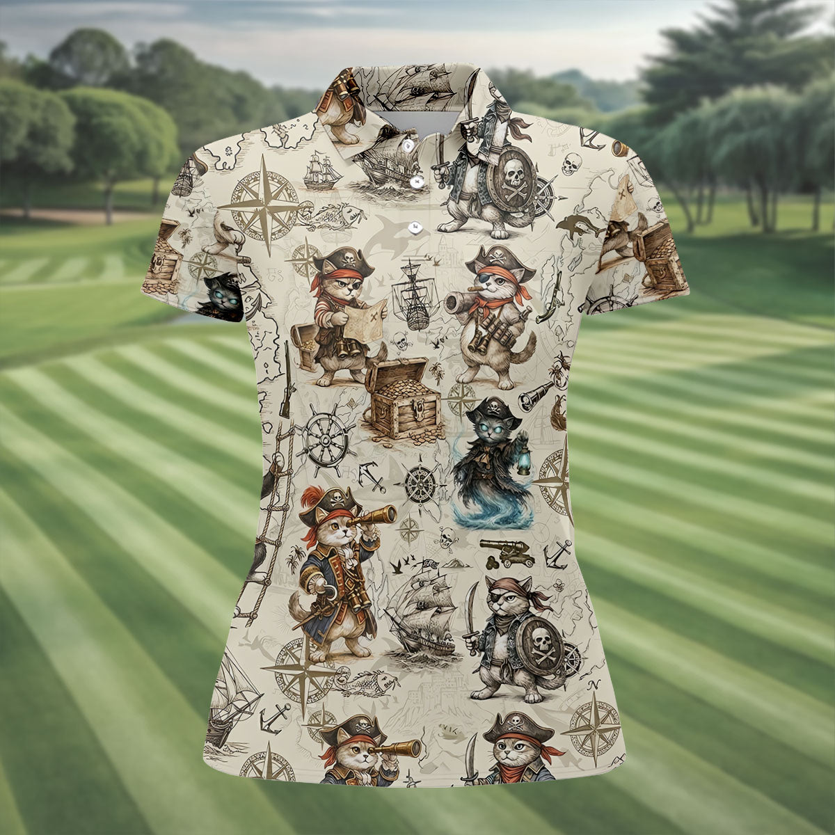 Vintage Pirate Cat Treasure Map Adventure Golf Shirt, Women's Golf Shirt, Golf Polo For Women, Golf Shirts For Women
